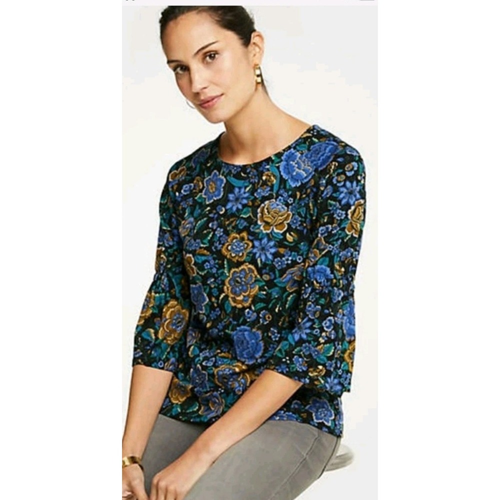 NWT Ann Taylor Flora Ponte Top Jacobean Floral Size L Bell Sleeve Black Blue